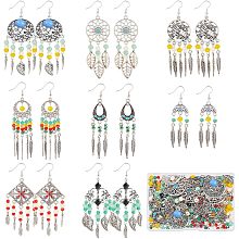 SUNNYCLUE 1 Box DIY 8 Pairs Bohemian Style Chandelier Charms Earrings Making Kit Boho Dream Catcher Charm Feather Leaf Charms Faceted Glass Beads for Jewelry Making Kits Adult Women Handmade Gift