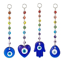 Honeyhandy Handmade Evil Eye Lampwork Pendants Decorations, Round Lampwork Beaded Suncatchers, 304 Split Rings, Heart/Hamsa Hand/Teardrop/Flat Round, Mixed Color, 136~162mm, Hole: 8mm