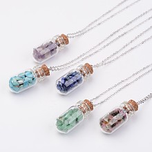 Honeyhandy Glass Bottle Pendant Necklaces, with Mixed Stone Chip Beads and Brass Chain, Platinum, 17.9 inch