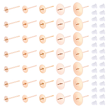 DICOSMETIC 50Pcs 5 Sizes Earring Posts Stainless Steel Stud Earring Findings Rose Gold Flat Pad Earring Studs with 60Pcs Ear Nut for Half Drilled Beads and DIY Earring Making Supplies, Pin: 0.8mm