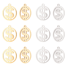 UNICRAFTALE 12pcs 2 Colors Flat Round with Dollar Sign Pendants 201 Stainless Steel Laser Cut Dollar Sign Charms 1.4mm Hole Dangle Pendants for DIY Jewelry Making