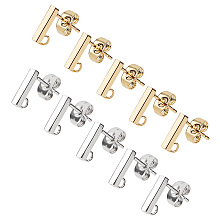 Unicraftale 304 Stainless Steel Stud Earring Findings, with Loop and Ear Nut, Rectangle, Golden & Stainless Steel Color, 10x2x2mm, Hole: 1.5mm, Pin: 0.8mm