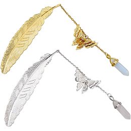 2Pcs Alloy Bookmark Opalite/Natural Rose Quartz Pendant Golden/Silver Metal Feather Bookmarks with 3D Butterfly Charm Retro Book Page Markers Handmade Bookmark Birthday Gifts