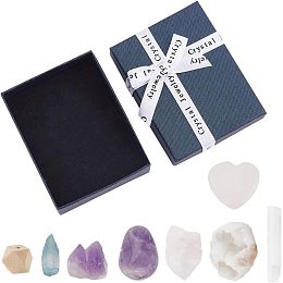 DELORIGIN 8pcs Natural Gemstone Gift Box, Raw Crystals Kit for Beginners Chakra Gemstones Set with Wood Beads Energy Stone Collection for Balancing Reiki Yoga Home Decoration Jewelry Making