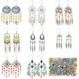 SUNNYCLUE 1 Box DIY 8 Pairs Bohemian Style Chandelier Charms Earrings Making Kit Boho Dream Catcher Charm Feather Leaf Charms Faceted Glass Beads for Jewelry Making Kits Adult Women Handmade Gift