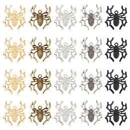 PandaHall Elite 20Pcs 5 Colors Halloween Alloy Pendants, Cadmium Free & Lead Free, Spider, Mixed Color, 34x31x4.5mm, Hole: 2.5mm, 4pcs/color