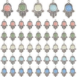 PandaHall 50pcs Hamsa Hand of Fatima Charms with 5 Colors Synthetic Luminous Stone Antique Silver Symbol Hand Beads Frame Charms for Jewelry Making Findings DIY Necklace Bracelet