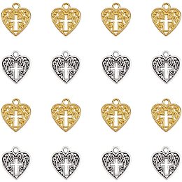 PandaHall Elite 80pcs Heart Cross Charms Hollow Love Heart Charms Religious Charms Bulk for Necklace Bracelet DIY Jewelry Making Accessories (Antique Silver & Antique Golden)