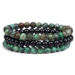 Honeyhandy 3Pcs 3 Style Natural African Turquoise(Jasper) & Black Agate Round Beaded Stretch Bracelets Set, Gemstone Stackable Bracelets for Woman, Wide: 6mm, 7-1/4~7-1/2 inch(18.5~19cm), 1Pc/style