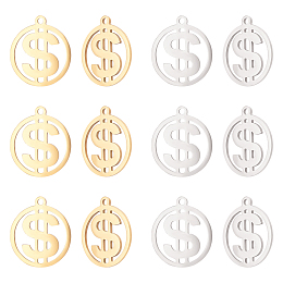 UNICRAFTALE 12pcs 2 Colors Flat Round with Dollar Sign Pendants 201 Stainless Steel Laser Cut Dollar Sign Charms 1.4mm Hole Dangle Pendants for DIY Jewelry Making