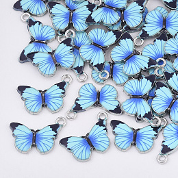 Honeyhandy Printed Alloy Pendants, with Enamel, Butterfly, Platinum, Dodger Blue, 13.5x20x2mm, Hole: 1.6mm