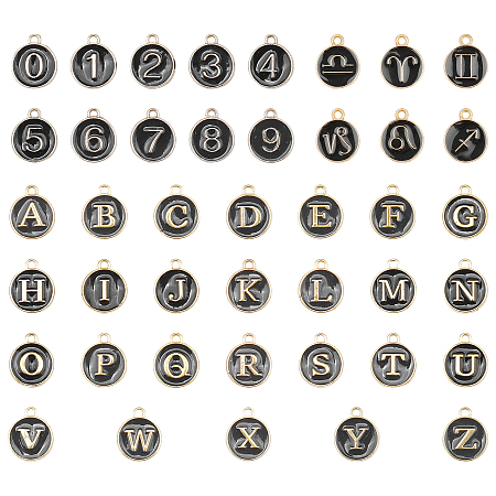 SUNNYCLUE Alloy Enamel Charms, Flat Round with Alphabet/Constellation/Number, Black, 48pcs/box