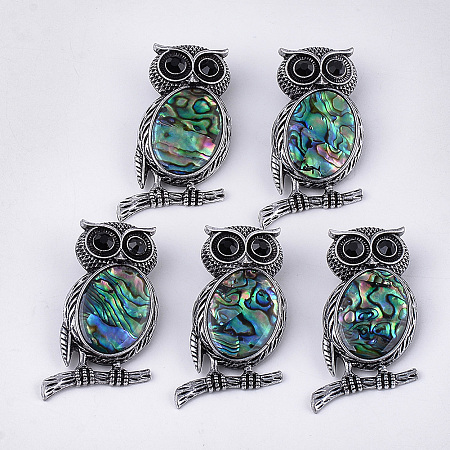 Honeyhandy Abalone Shell/Paua Shell Brooches/Pendants, with Rhinestone and Alloy Findings, Resin Bottom, Owl, Antique Silver, 51x28~29x13.5mm, Hole: 4.5x8.5mm, Pin: 0.5mm