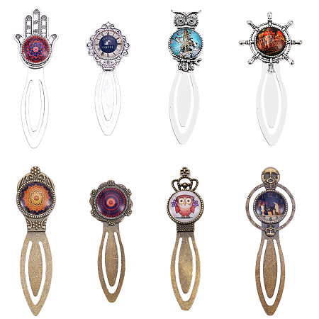 SUNNYCLUE Tibetan Style Bookmark Cabochon Settings and Transparent Glass Cabochons, Mixed Color, Tray: 20mm; 81x31x4mm; 16pcs/set