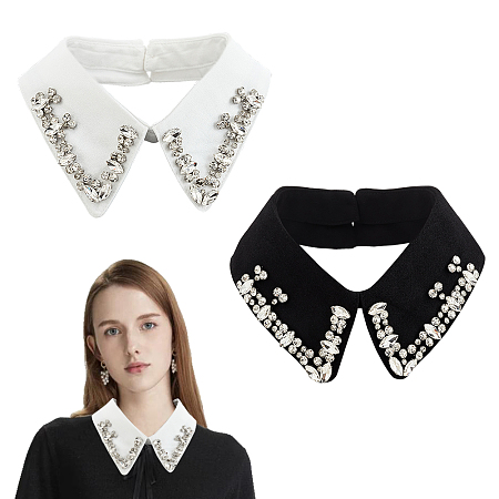 AHANDMAKER 2 Pcs Rhinestones False Collars, Detachable Dickey Collars with Crystal Half Shirt Blouse False Collar Choker for Women, White & Black