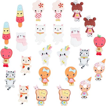 SUNNYCLUE 1 Box 24Pcs 12 Styles Animal Cabochons Colorful Resin Bowknot Lollipop Star Ice Cream Cat Rainbow Slime Charms Flatback for DIY Scrapbooking Embellishments Crafts Jewelry Making Supplies