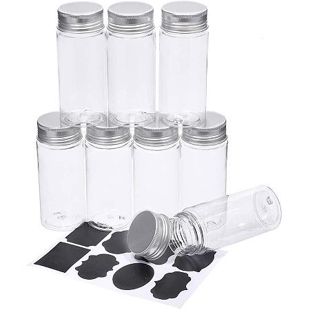 BENECREAT 8 Pack 4oz Clear Plastic Slime Storage Jars with Screwed Aluminum Caps and Labels for Beauty Product, Homemade Health Supplements and Other Craft Project