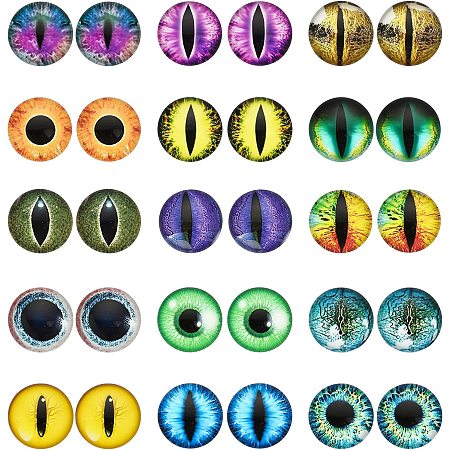 CHGCRAFT 30Pcs 15 Style Luminous Cat Eyes Glass Cabochons Glow in The Dark Contact Lenses Half Round Animal Eyes Flatbacks for DIY Craft Necklace Bracelet Making, 20mm