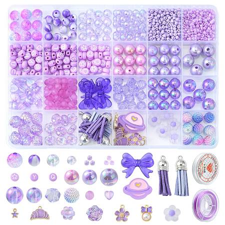 Honeyhandy DIY Flower Bracelet Making Kit, Including Letter & Flower & Heart Acrylic & Glass Seed Beads, Croissant & Bowknot & Star Alloy & Tassel Pendant, Purple