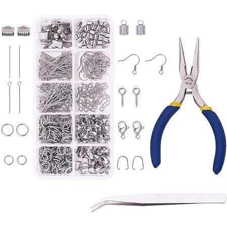 PH PandaHall 686 pcs Jewelry Finding Kits Including Jump Rings Head Pins Eye Pin Bail Pegs Lobster Claw Clasp Earring Hook Snap on Bail Ribbon End Cord End Tweezer Nose Plier for DIY Jewelry Making