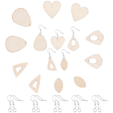 PH PandaHall 30 Sets Unfinished Wooden Earrings Pendants Kits, 5 Shapes Horse Eye Triangle Teardrop Heart Cutout Charms with 30pcs Earring Hooks and 40pcs Jump Rings for Earrings Jewelry Craft Making