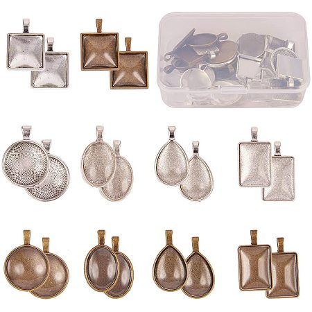 SUNNYCLUE 40pcs 10sets Pendant Tray Kit Mixed Round Square Oval Rectangle Teardrop Blank Bezel Settings with Glass Cabochon Dome Tiles Clear Cameo for Crafting DIY Jewelry Making