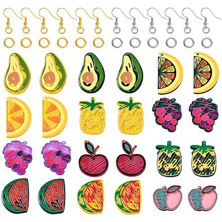 Honeyhandy DIY Earrings Making Kits, Including 24Pcs 12 Style Translucent 3D Printed Acrylic Pendants, Fruit, 48Pcs Iron Open Jump Rings, 48Pcs Brass Earring Hooks with Beads, Ear Wire, Colorful, Pendants: 29.5~38x21.5~31.5x2.5~3mm, Hole: 1.2~2mm, 2pcs/style