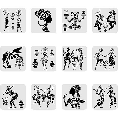 BENECREAT 12PCS Human Pattern Plastic Drawing Templates 8x8 Inch Painting Template Stencil for Scrabooking Card Making, DIY Wall Floor Decoration