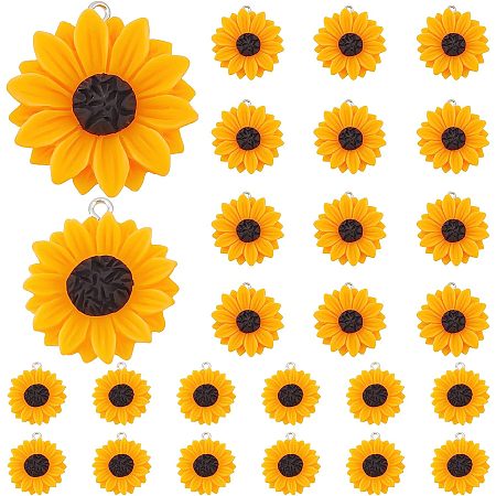 PandaHall Elite 24pcs Sunflower Pendants, 2 Size Flatback Daisy Flower Charms Resin Orange Sunflower Charms Pendants for Spring Summer Jewelry Making Bracelet Necklace Accessories, 1.2 inch/1 inch