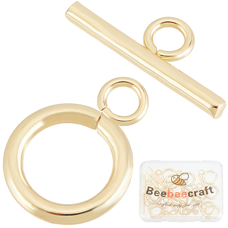Beebeecraft Brass Toggle Clasps, Long-Lasting Plated, Ring, Real 18K Gold Plated, Bar: 7x18.5x2.1mm, Hole: 2.7mm, Ring: 18x13.2x2.2mm, Hole: 2.7mm, 15sets/box