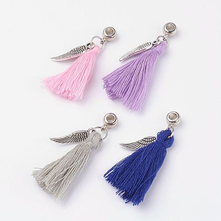 Cotton Thread Tassel Pendant Decorations, with Tibetan Style Pendants, Mixed Color, 42mm, Hole: 3mm