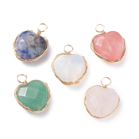 Faceted Heart Natural & Synthetic Gemstone Pendants, with Real 18K Gold Plated Copper Wire Wrapped, 21.5x16.5x8mm, Hole: 4mm