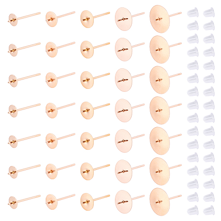 DICOSMETIC 50Pcs 5 Sizes Earring Posts Stainless Steel Stud Earring Findings Rose Gold Flat Pad Earring Studs with 60Pcs Ear Nut for Half Drilled Beads and DIY Earring Making Supplies, Pin: 0.8mm