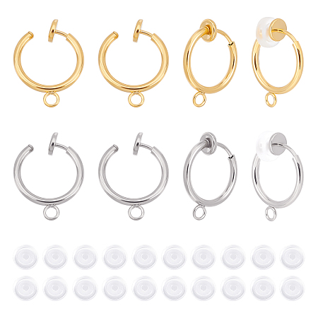 UNICRAFTALE 20Pcs 2 Colors 304 Stainless Steel Clip-on Earring Findings with Horizontal Loops and 20Pcs Comfort Silicone Pads Hoop Earring for Jewlery Making Golden Stainless Steel Color Hole 1.8mm