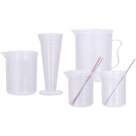 PandaHall Elite 5 Sizes Measuring Cup Set, Plastic Graduated Cups Cylinders Beakers Measuring Cylinder with 50pcs Wooden Sticks for Mixing Paint, Stain, Epoxy, Resin (50ml, 100ml, 150ml, 300ml, 500ml)