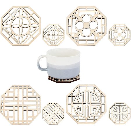 SUPERFINDINGS 8Pcs 4 Styles Laser Cut Coasters Octagon Wooden Carved Cup Mats Coaster Geometric Design Wooden Coasters Hexagon Shape Tabletop Decoration Wood Coaster for Tea Cup