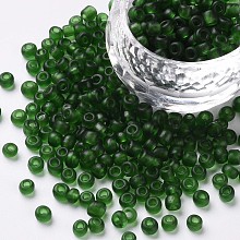 Honeyhandy Glass Seed Beads, Frosted Colors, Round, Green, 4mm, Hole: 1~1.5mm, about 1000pcs/100g