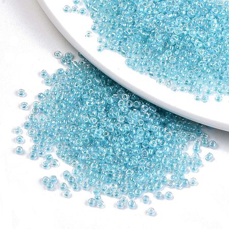 Honeyhandy 6/0 Glass Seed Beads, Inside Colours, Round Hole, Round, Transparent Colours Rainbow, Sky Blue, 6/0, 4~5x2.5~4.5mm, Hole: 1.2mm, about 500pcs/50g