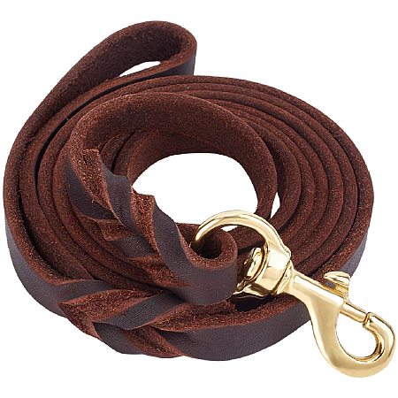 Cowhide Leather Dog Leash with Brass Clasps, Pet Braided Dog Leash, for Large Medium Leads Rope Dogs Walking & Training, Brown, 208x1.75x0.6cm