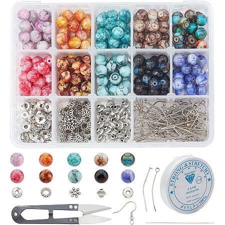 SUNNYCLUE DIY Earring & Bracelets Making Kits, include Baking Painted Glass Beads, Brass Earring Hooks, Brass & Alloy Spacer Beads, Elastic Crystal Thread, Steel Scissors and Iron Beading Needles, Mixed Color, Glass Beads: 8~8.5mm, Hole: 1.5mm, 200pcs/set