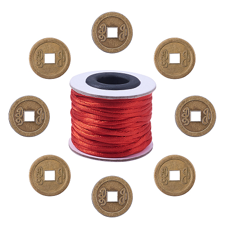 DIY Jewelry Making, with Tibetan Style Alloy Pendants, Nylon Threads Cords, Chinese Coin, Antique Bronze, Coin: 24x0.9mm, 90pcs/set; Cord: 2mm; about 10m/roll, 1roll