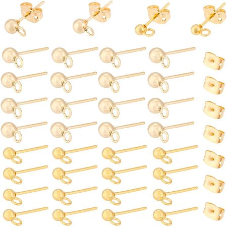 Arricraft Elite 60pcs 2 size Brass Ball Stud Earring Post, Earring Finding, with Loops and 60pcs Ear Nuts, Golden, 14~15mm, Hole: 0.9~1.7mm, Pin: 0.7~0.9mm, 30pcs/size