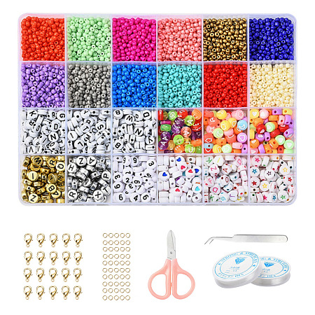 Arricraft DIY Jewelry Making Kits, Including Round Glass Seed Beads, Flat Round Acrylic Beads, Elastic Crystal Thread, Tweezers, Scissors, Alloy Clasps and Iron Jump Rings, Mixed Color, Beads: 3600pcs/set