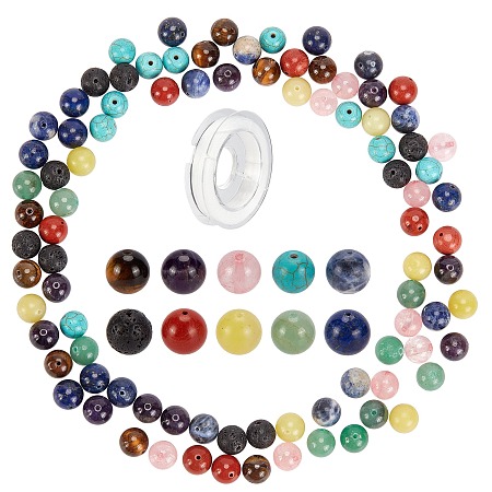 SUNNYCLUE DIY Chakra Themed Stretch Bracelets Making Kits, with Round Gemstone Beads and Elastic Thread, 10~10.5mm, Hole: 1~1.5mm; 10materials, 10pcs/material, 100pcs/box
