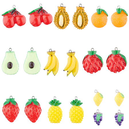 SUNNYCLUE Resin Pendants, with Platinum Tone Iron Findings, Imitation Food, Mixed Shapes, Mixed Color, 2pcs/style, 10styles/bag