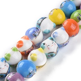 Honeyhandy Handmade Printed Porcelain Beads, Lucky Cat with Flower Pattern, Colorful, 15mm, Hole: 2.3mm, about 25pcs/Strand, 13.58''(34.5cm)