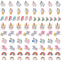 SUNNYCLUE Opaque Resin Cabochons, Glitter Beads, Unicorn Theme/Rainbow, Mixed Color, 19~32x13~36x4.5~8mm, 80pcs/set