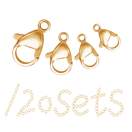 SUNNYCLUE Brass Lobster Claw Clasps and Close but Unsoldered Jump Rings, Real 18K Gold Plated, 120pcs/box