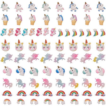 SUNNYCLUE Opaque Resin Cabochons, Glitter Beads, Unicorn Theme/Rainbow, Mixed Color, 19~32x13~36x4.5~8mm, 80pcs/set