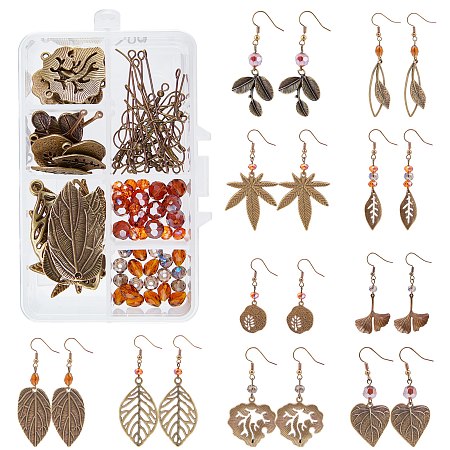 SUNNYCLUE DIY Leaf Theme Earring Making Kits, Include Alloy & Brass Pendants, Faceted Electroplate Glass Beads, Brass Earring Hooks and Iron Eye Pin, Antique Bronze, Pendants: 20pcs/set